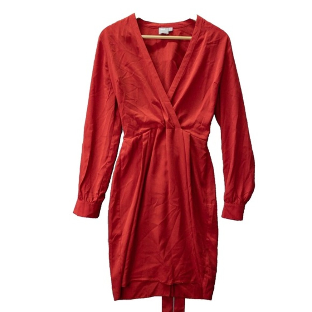ASOS Women 8 Red Faux Wrap Shirt Dress Long Sleeve Preppy Old‎ Money Parisian
